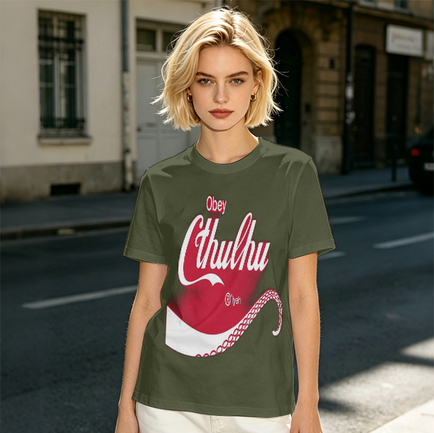 Obey Cthulhu Graphic Print Olive Green T-Shirt