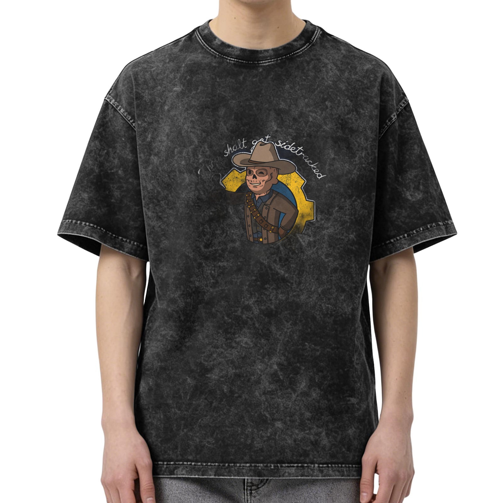 Fallout Inspired Sidetracked Cowboy Skull Graphic Acid Wash T-Shirt