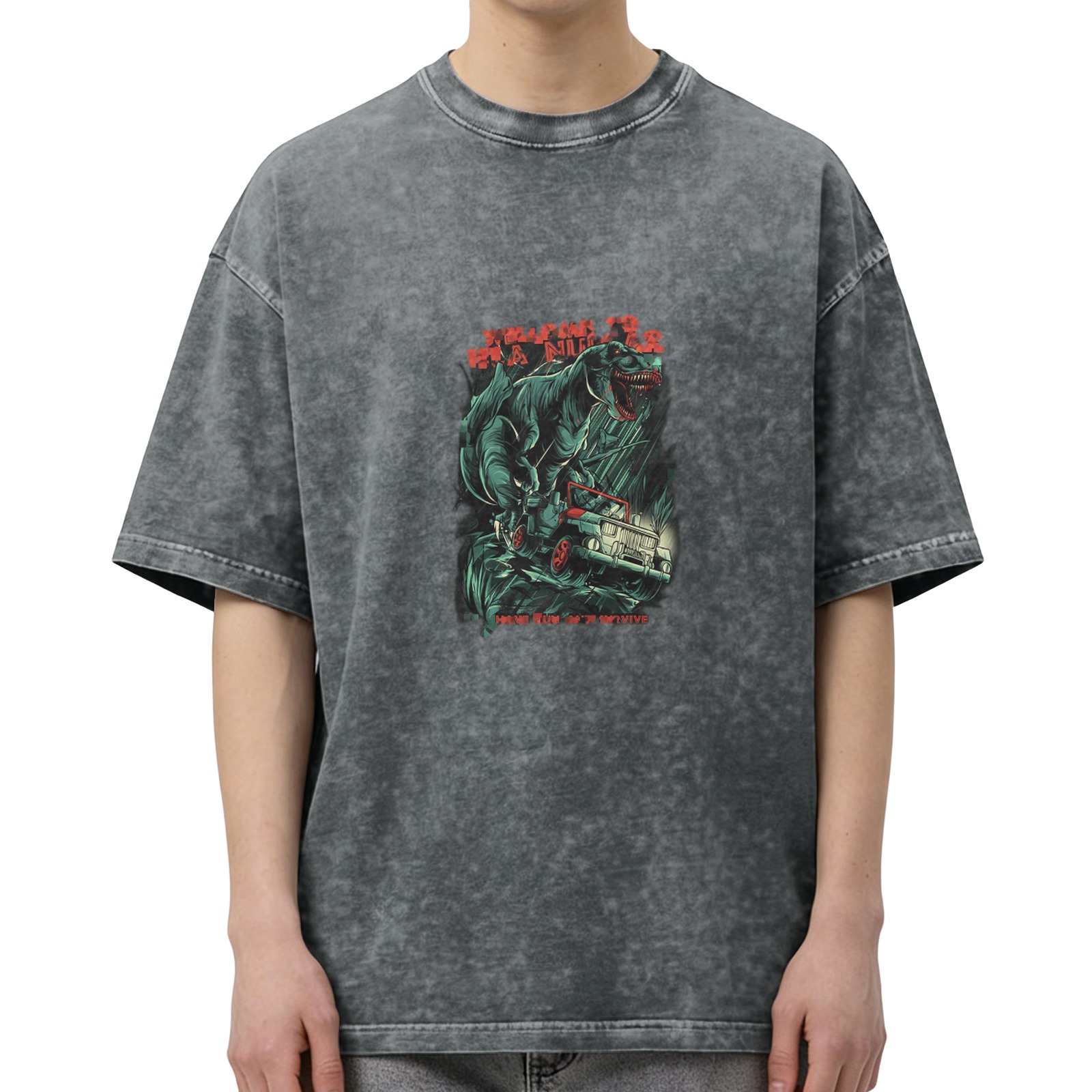 Washed Black Oversized T-Shirt with Dinosaur Jeep Graphic Print