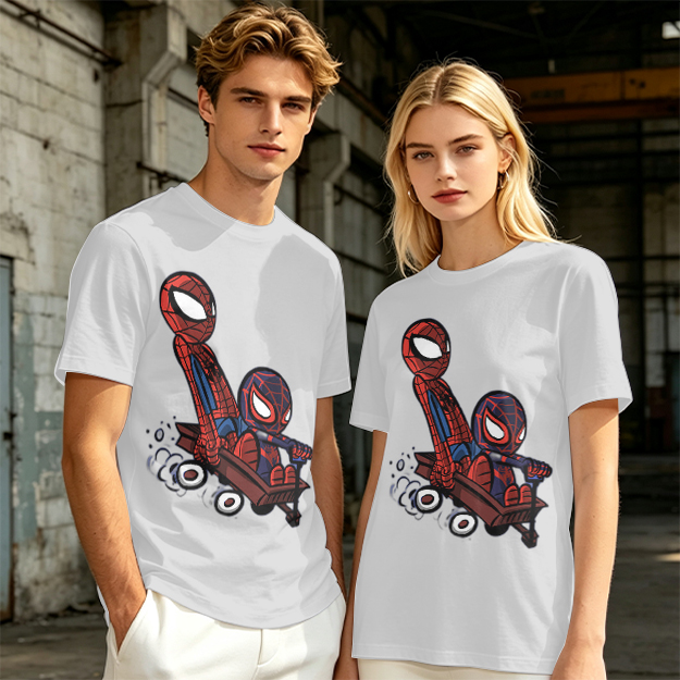Olive T-shirt with Chibi Spider-Men Riding a Wagon Graphic