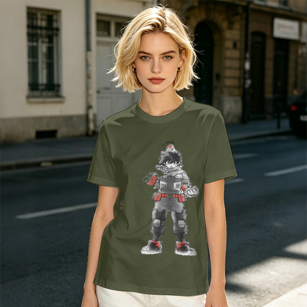 Olive T-Shirt With Anime Hero Character Print