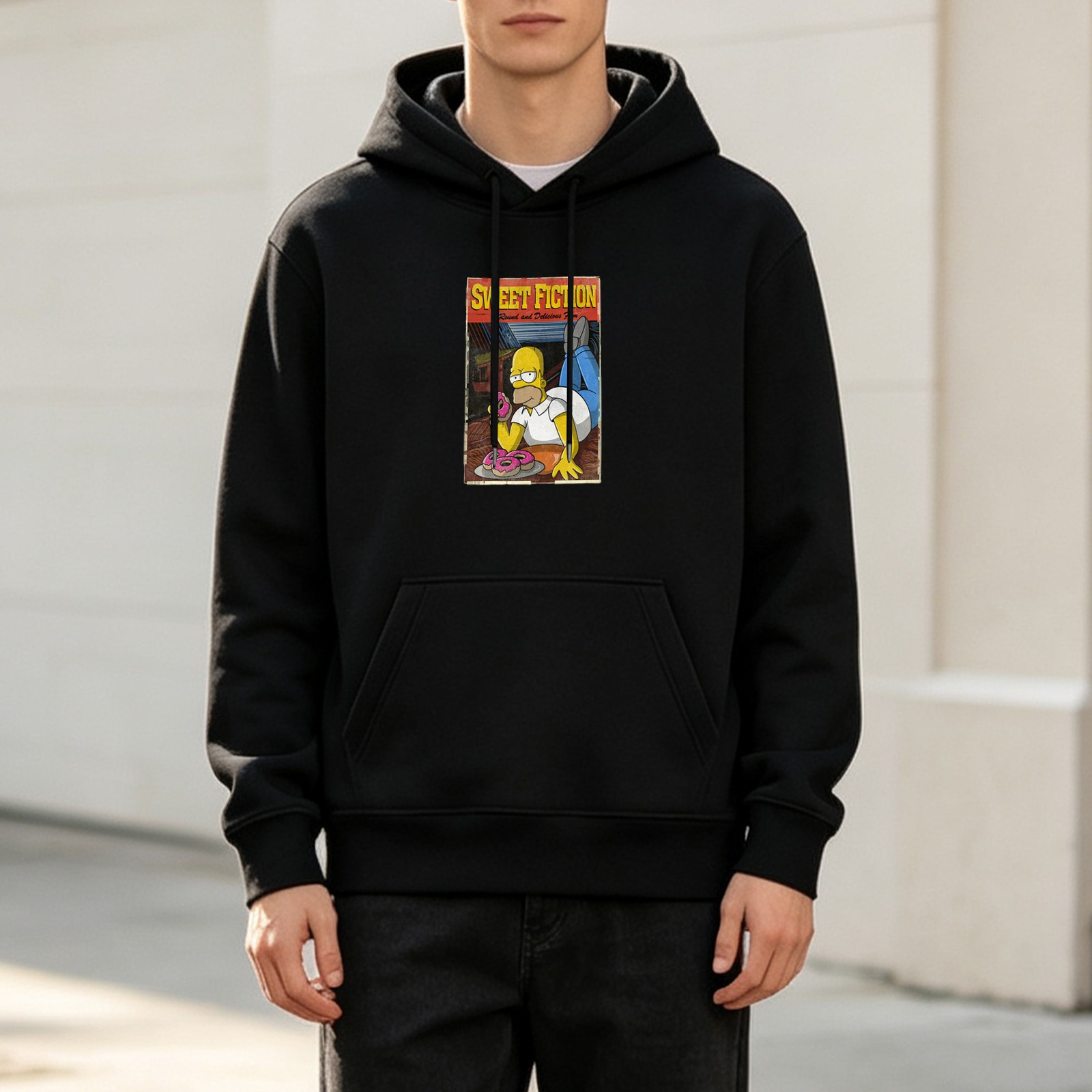 Black hoodie with Homer Simpson Sweet Fiction donut graphic
