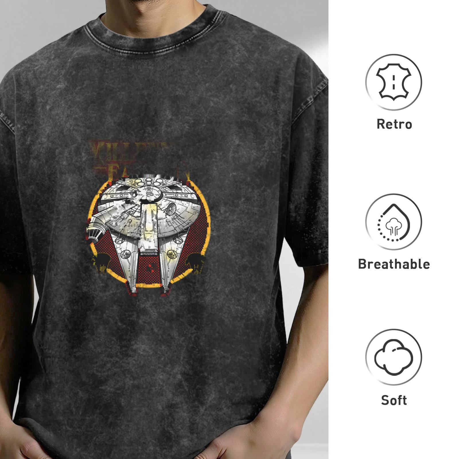 Washed Black T-Shirt With Millennium Falcon Graphic Print