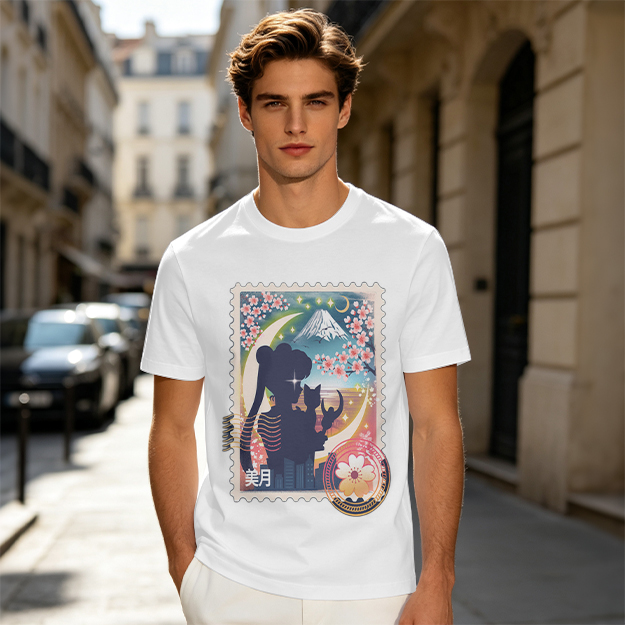 Olive T-shirt with Japanese stamp-style anime graphic print