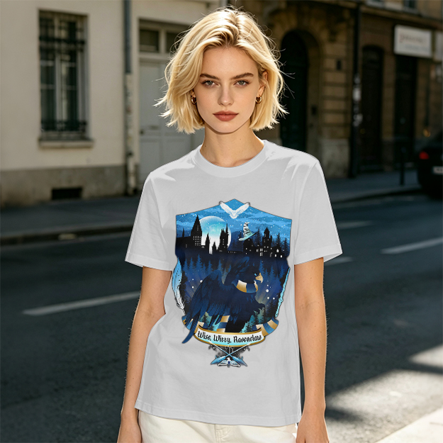 Olive t-shirt with Ravenclaw house crest night castle design