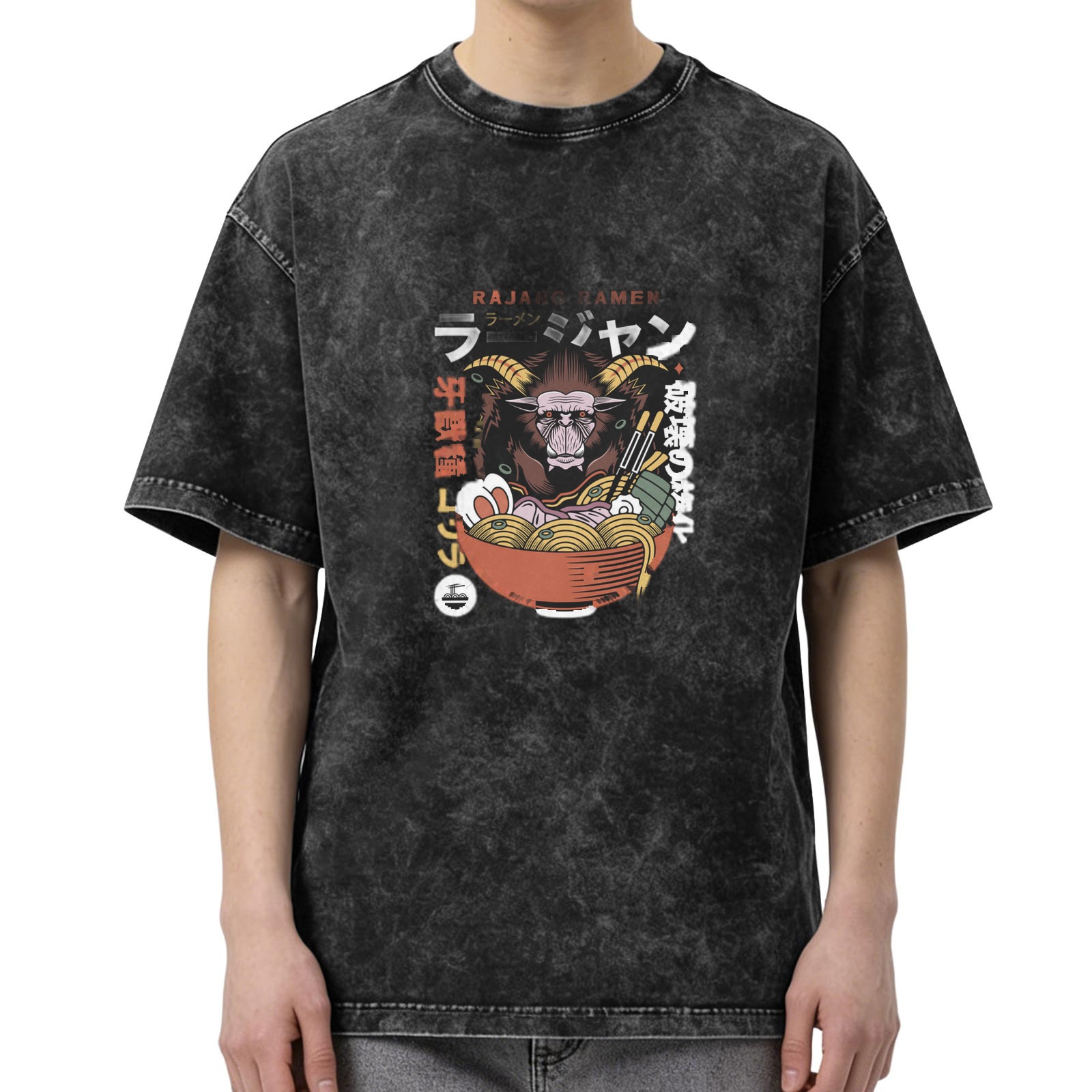 Oversized Acid Wash T-Shirt With Monster Ramen Graphic Print