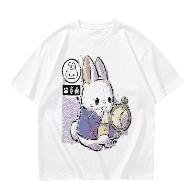 Olive T-Shirt With White Rabbit Holding Pocket Watch Print