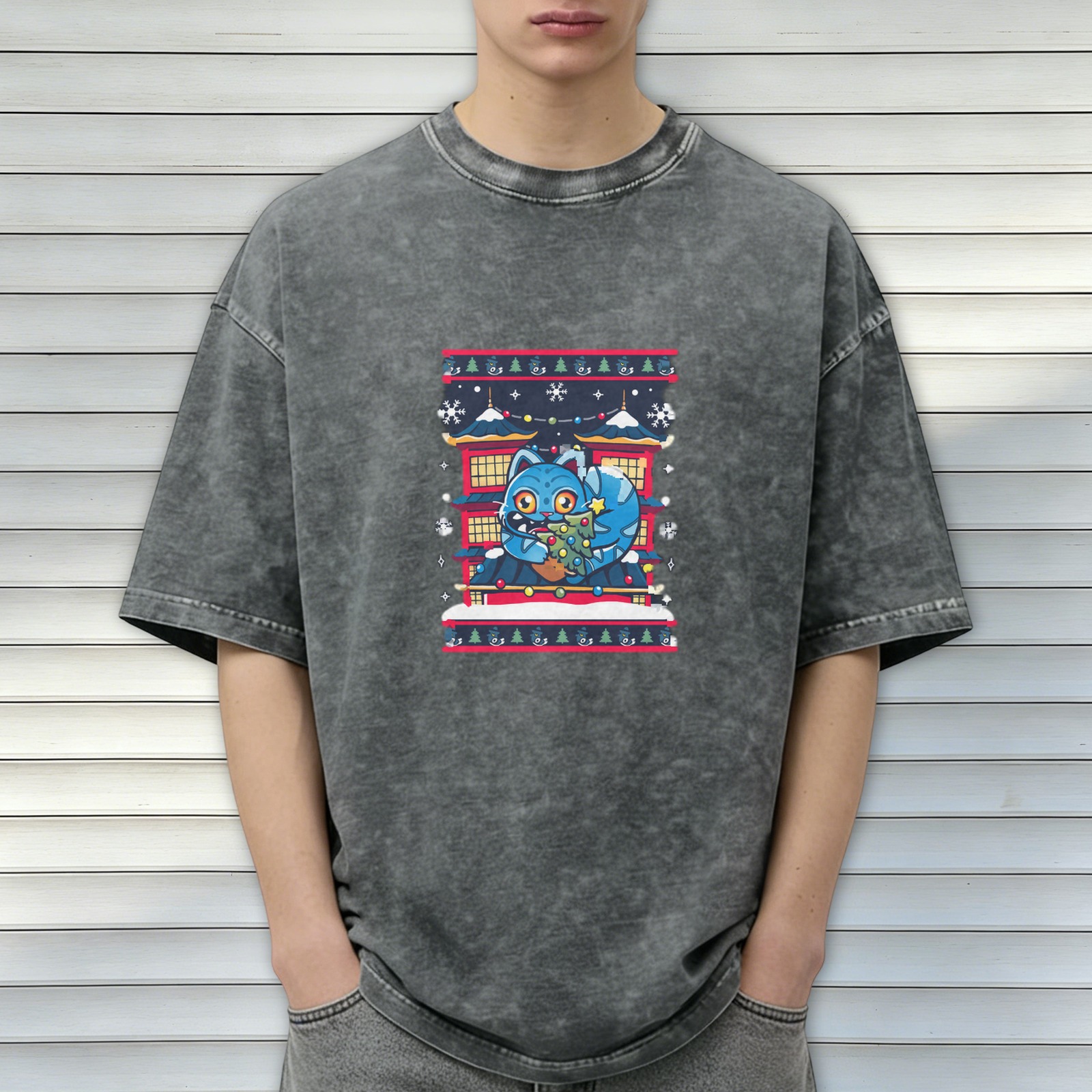 Oversized Dark Wash T-Shirt With Blue Cat Christmas Japanese Graphic