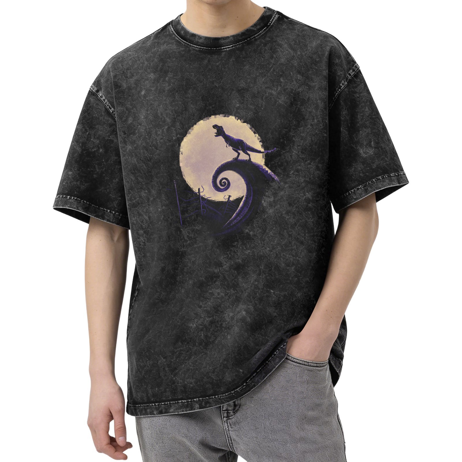 Dinosaur Moon Spiral Graphic Acid-Wash T-Shirt