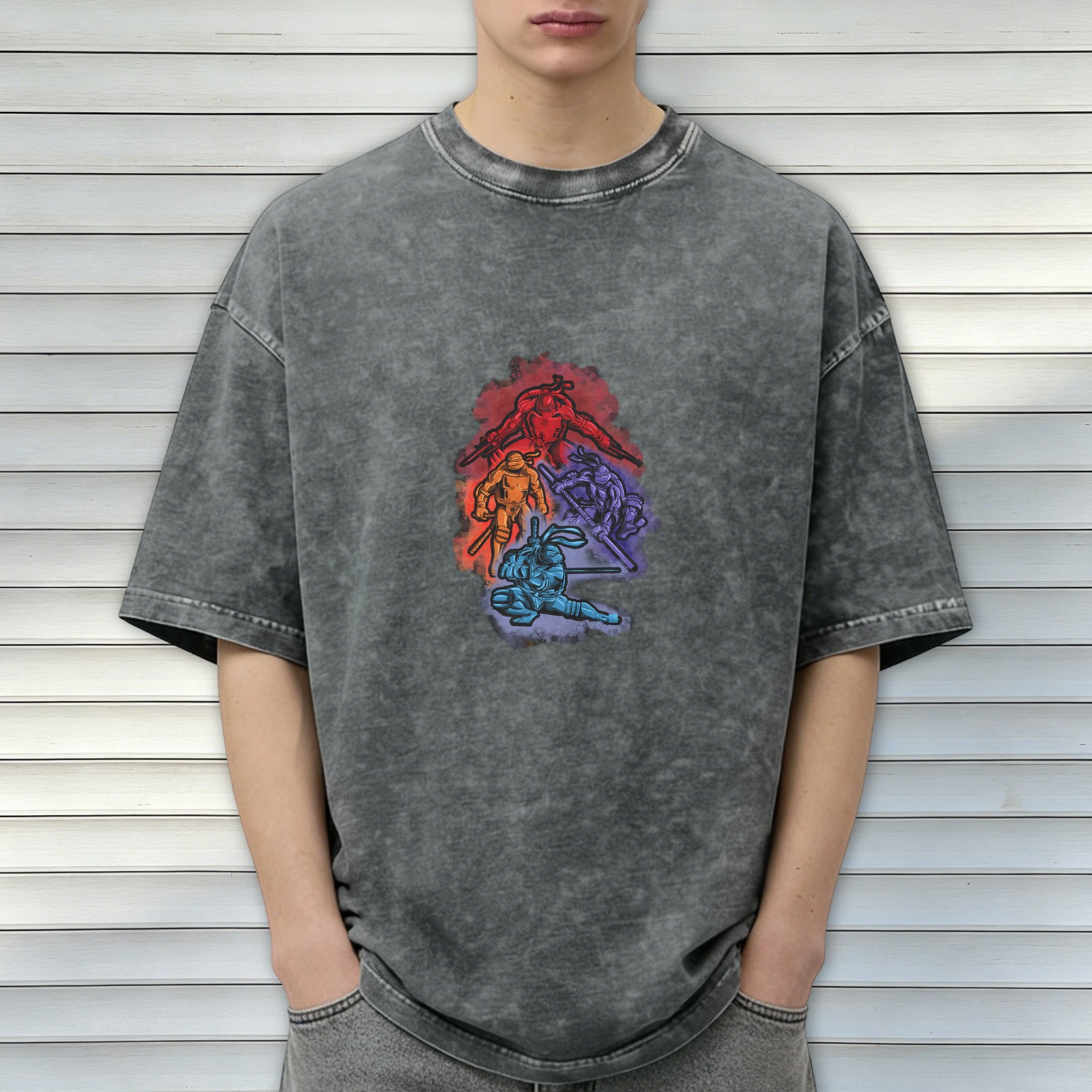 Washed Black Oversized T-Shirt With Ninja Turtle Graphic Print