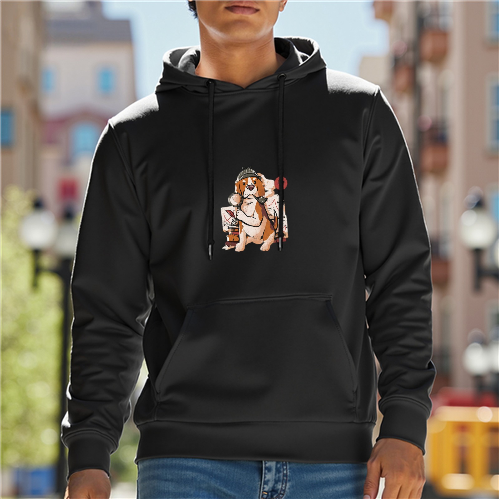 Black Hoodie With Beagle Dog Detective Graphic Print