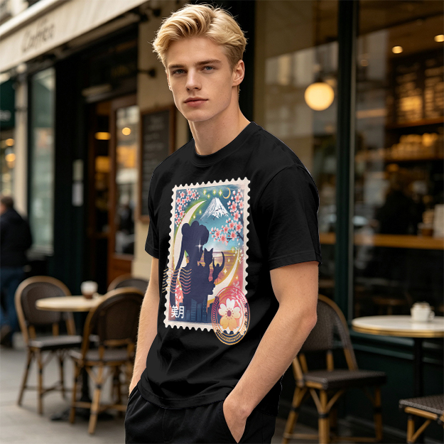 Olive T-shirt with Japanese stamp-style anime graphic print