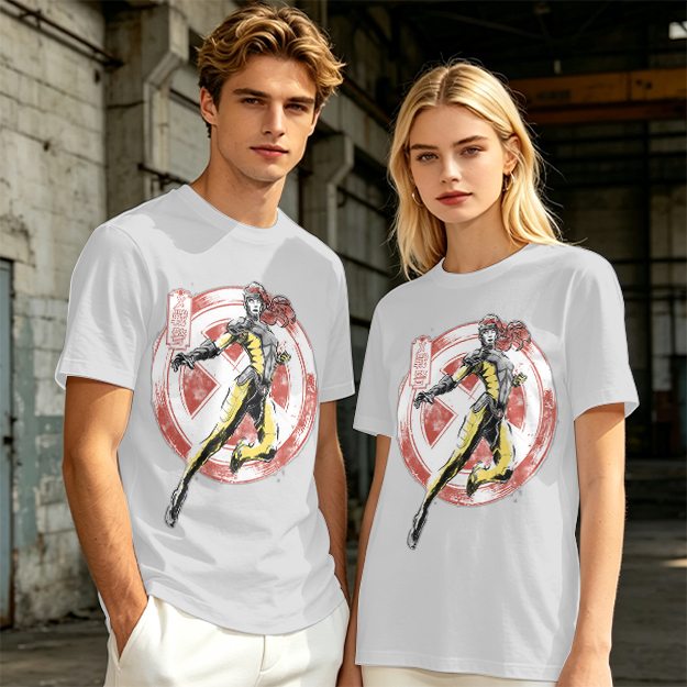 Olive T-shirt with X-Men style superhero graphic print