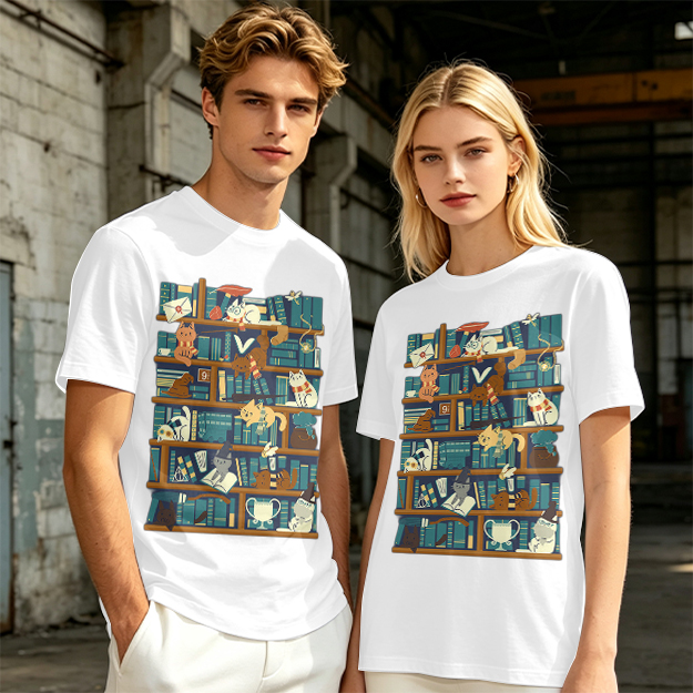 Olive t-shirt with playful cats on a bookshelf graphic