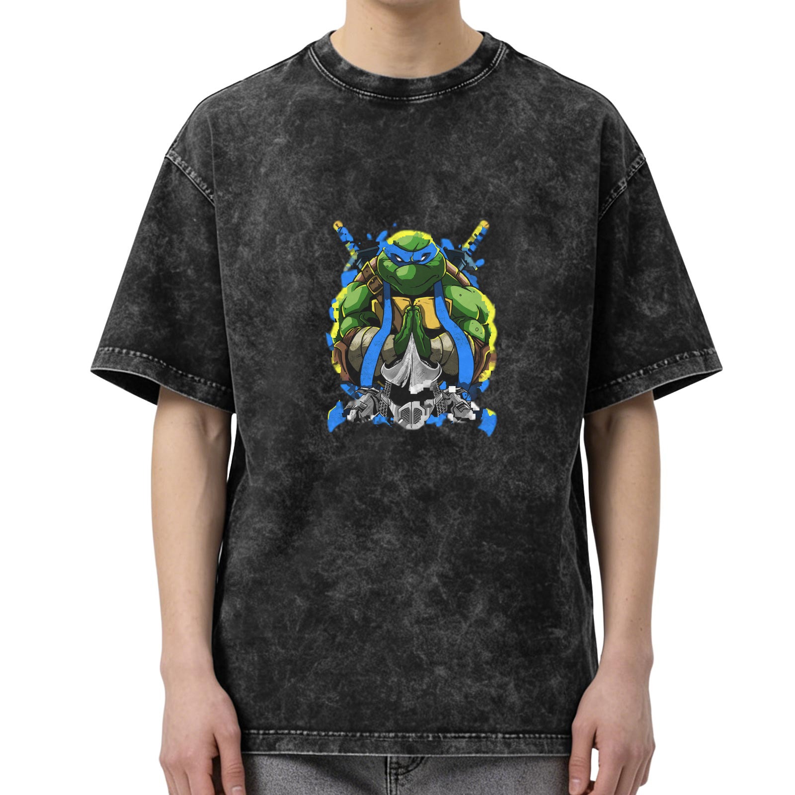 Washed Black T-Shirt with Blue Mask Ninja Turtle Graphic