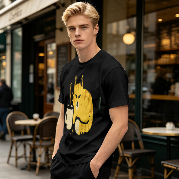 Olive T-Shirt With Grumpy Cat Holding Hot Coffee Print