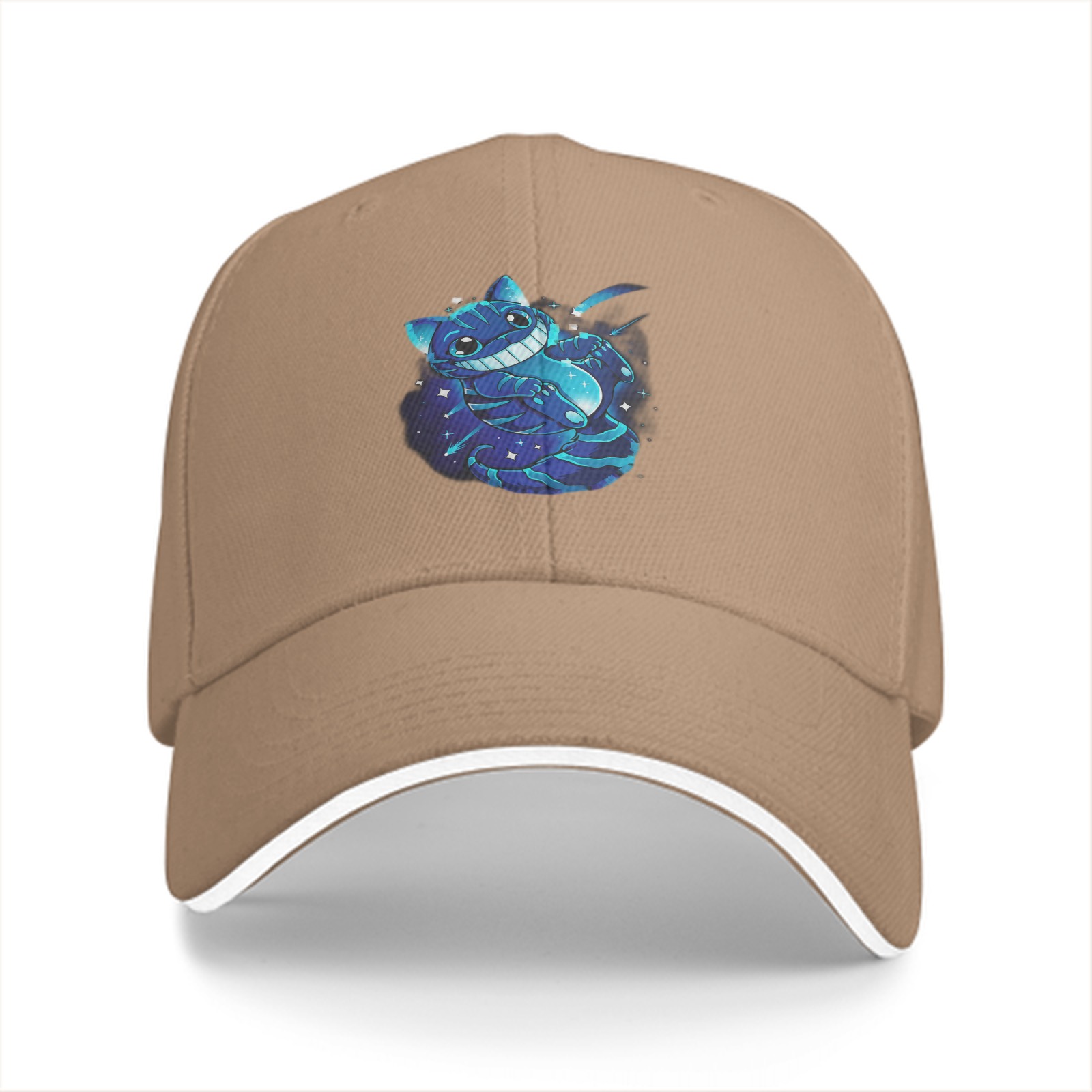 Black baseball cap with glowing Cheshire cat space graphic