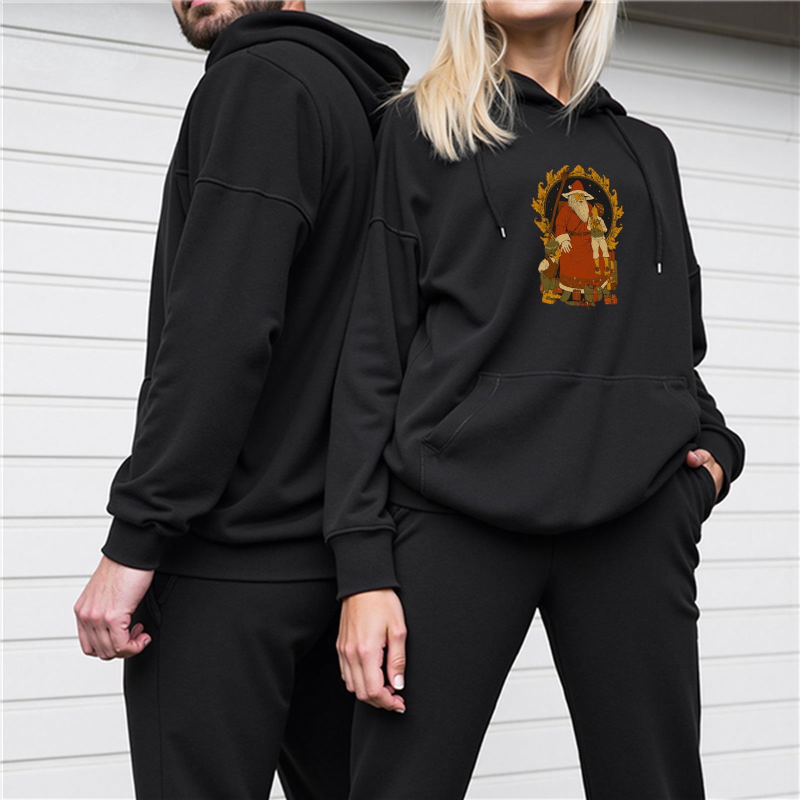 Black Hoodie With Wizard Santa Artwork Print