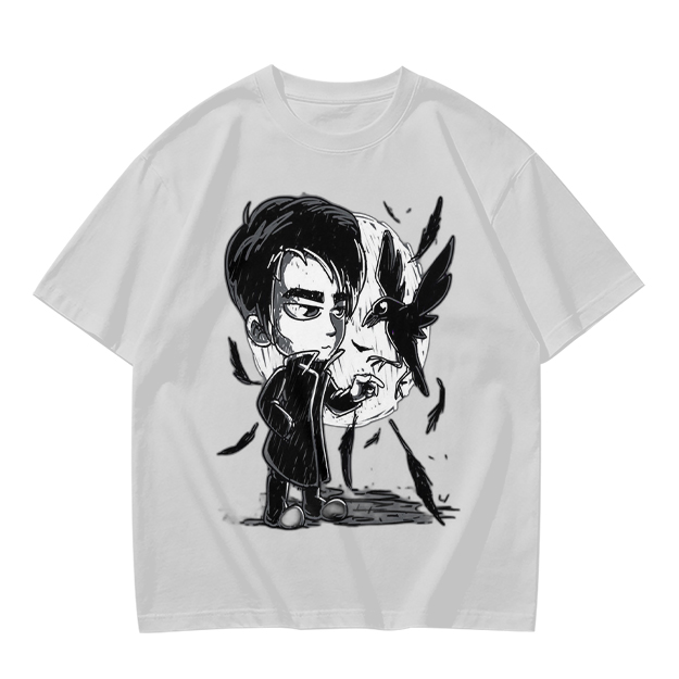 Olive T-Shirt with Chibi Dark Character and Crow Print