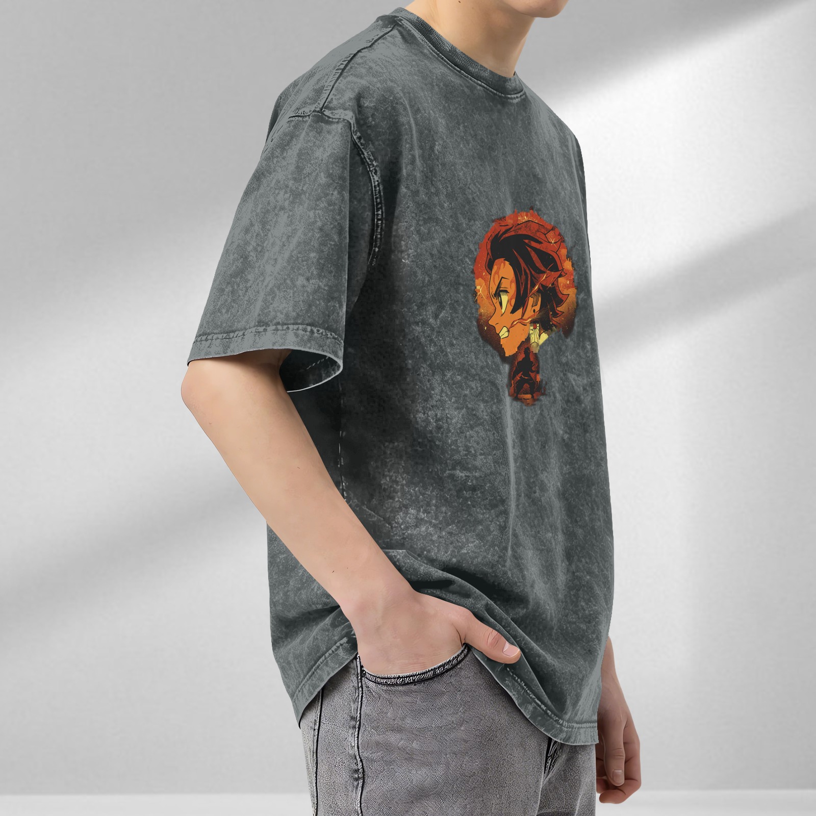 Oversized Washed Anime Demon Slayer T-Shirt with Fire Character Print