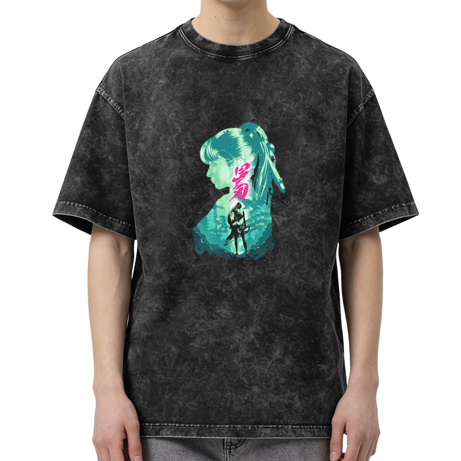Washed Black Graphic T-Shirt with Neon Anime Girl Silhouette Print