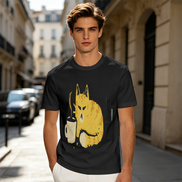 Olive T-Shirt With Grumpy Cat Holding Hot Coffee Print