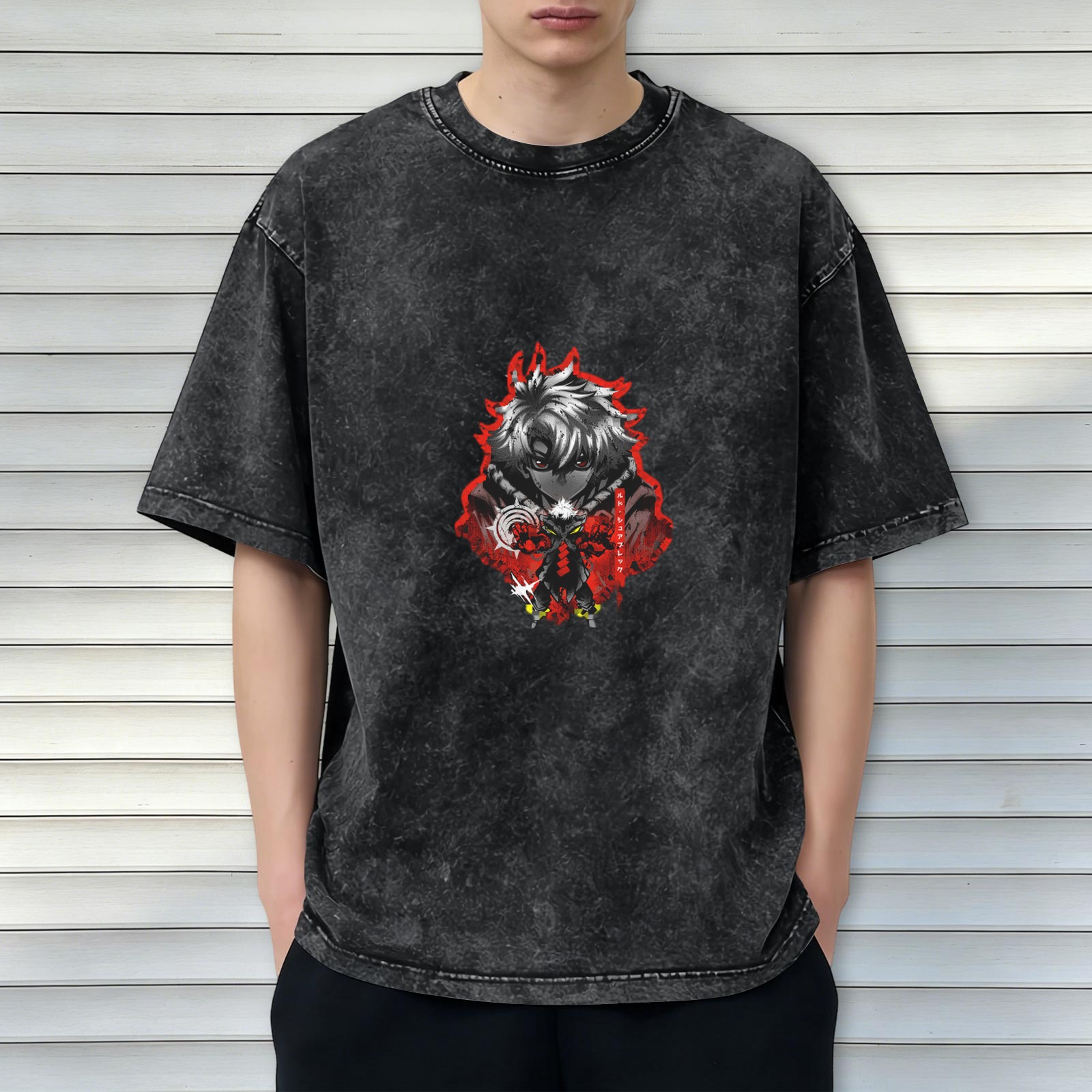 Oversized Acid Wash T-Shirt with Dark Anime Character Print