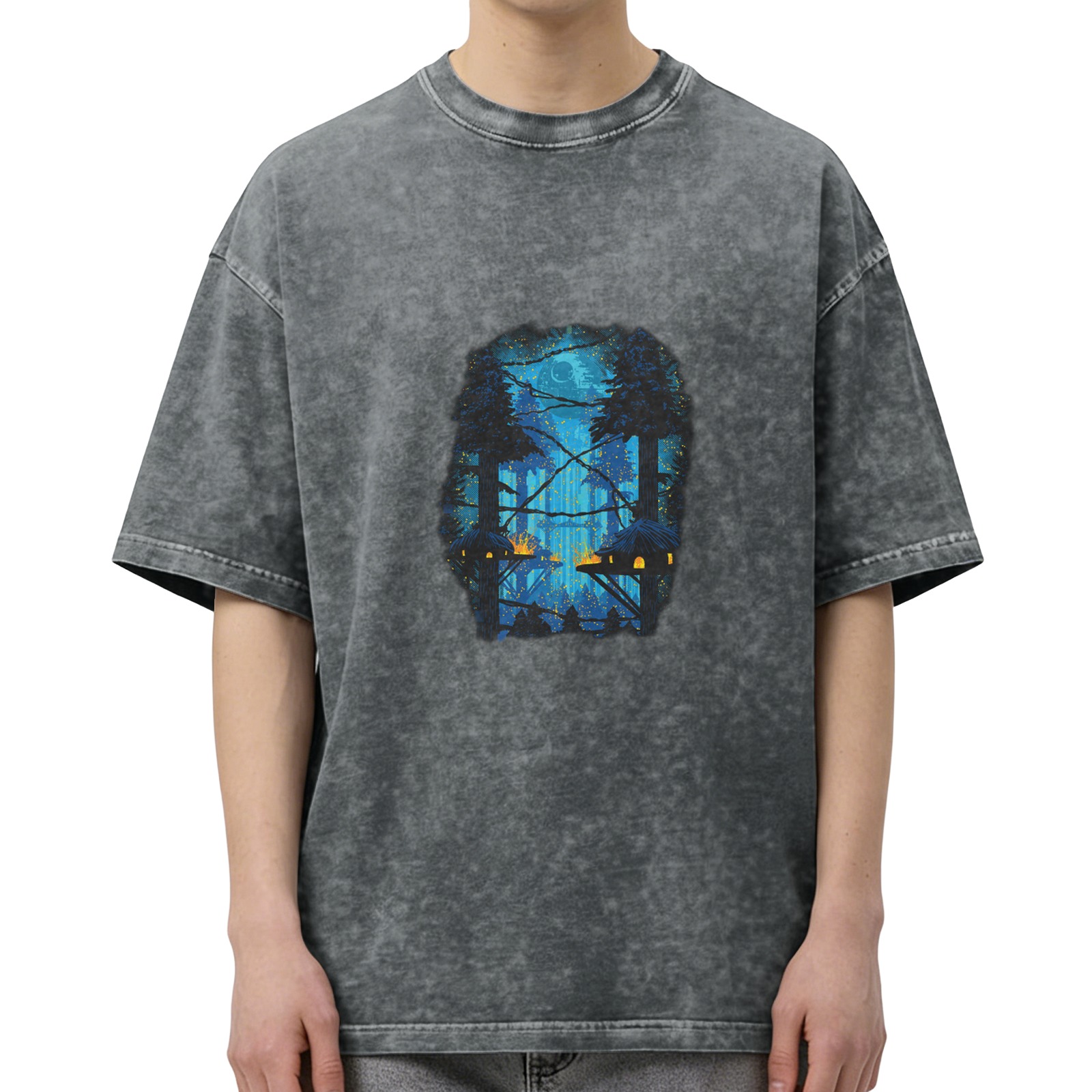 Oversized Acid Wash T-Shirt with Mystical Forest Treehouse Graphic