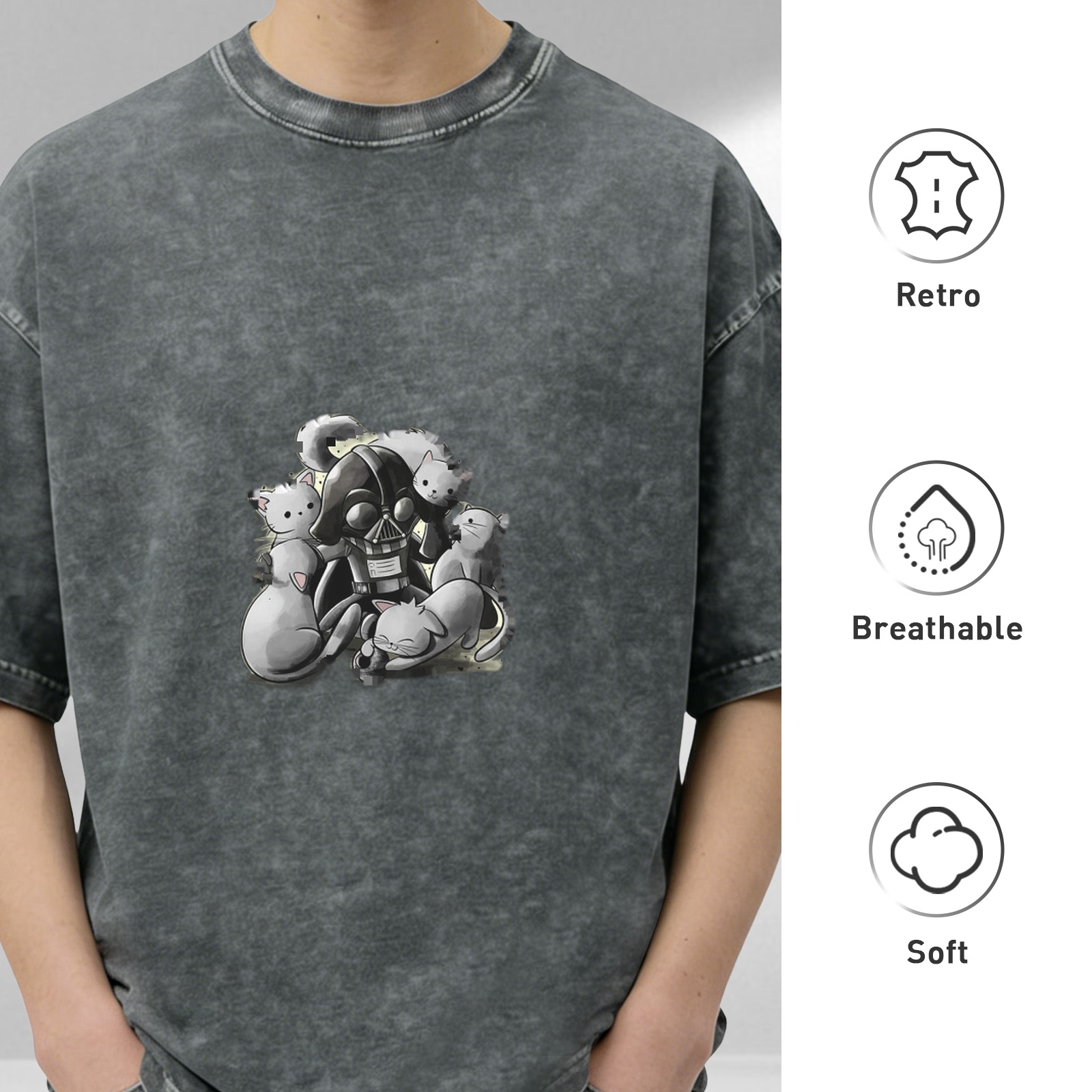 Washed Black T-Shirt With Darth Vader And Kittens Graphic