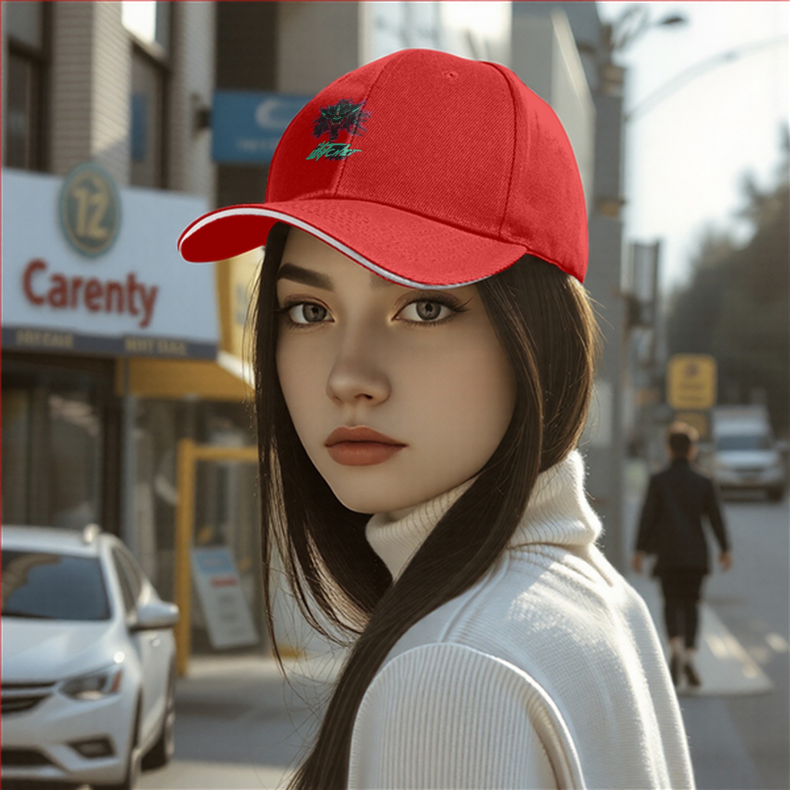 Black baseball cap with cyberpunk witcher wolf emblem graphic