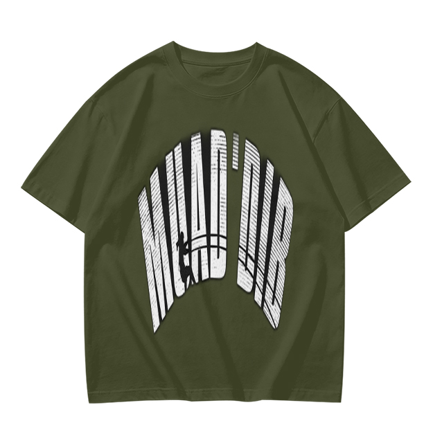 Olive green graphic t-shirt with arched distressed text print