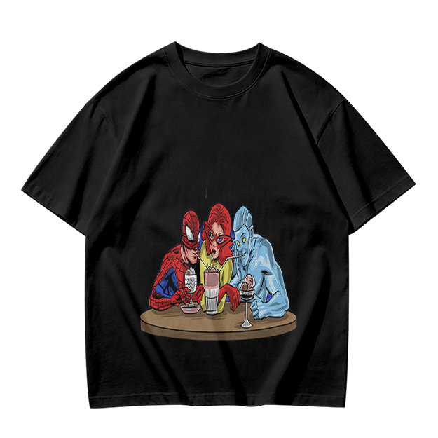 Olive T-Shirt With Superhero Characters Sharing Drinks Print