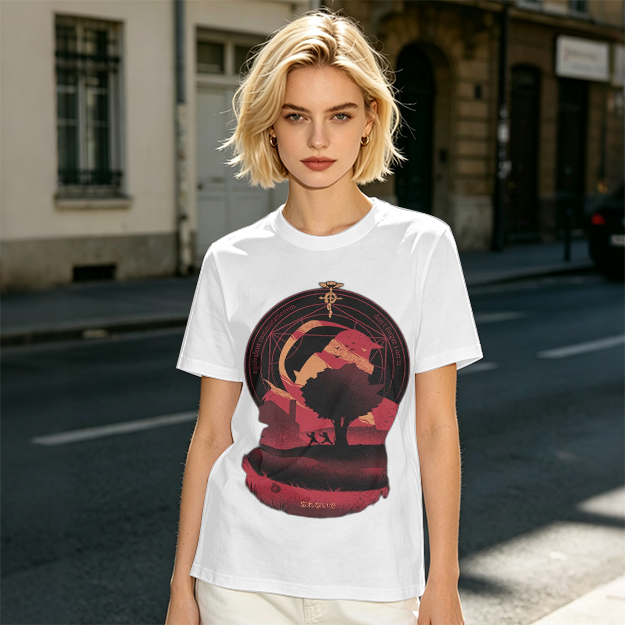 Olive t-shirt with Fullmetal Alchemist inspired sunset landscape print