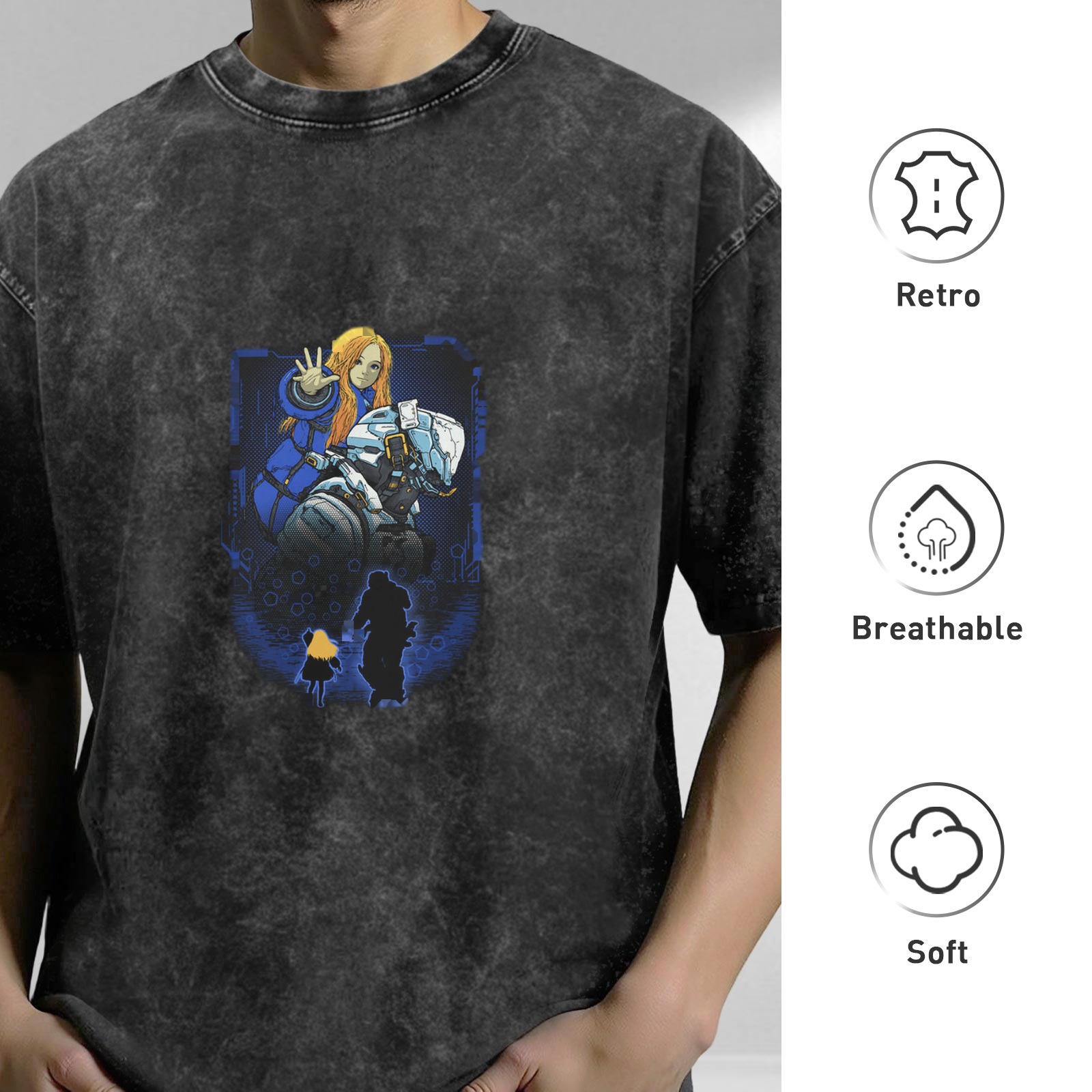 Washed Black T-Shirt With Sci-Fi Anime Character Graphic Print