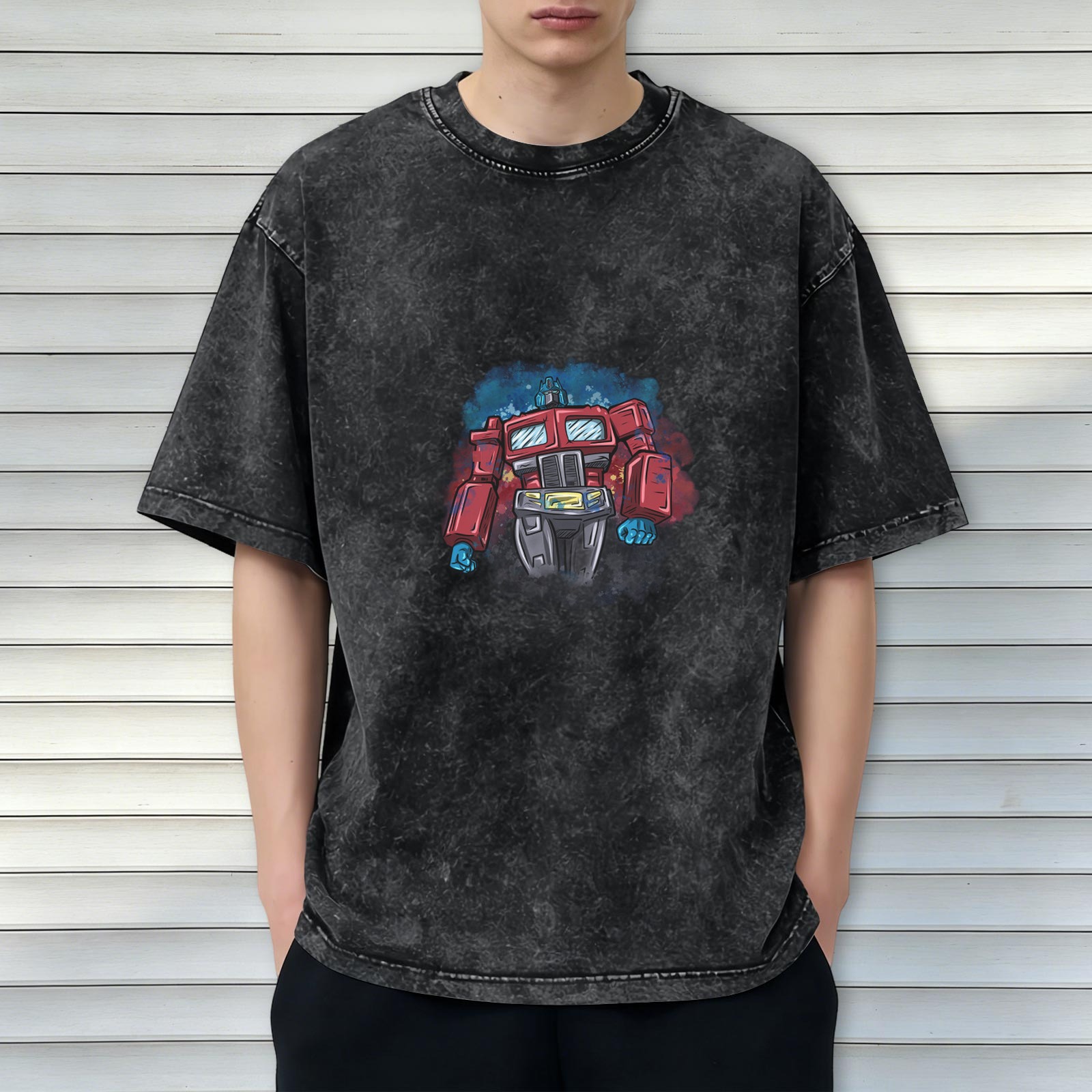 Washed Black T-Shirt With Retro Robot Graphic Print
