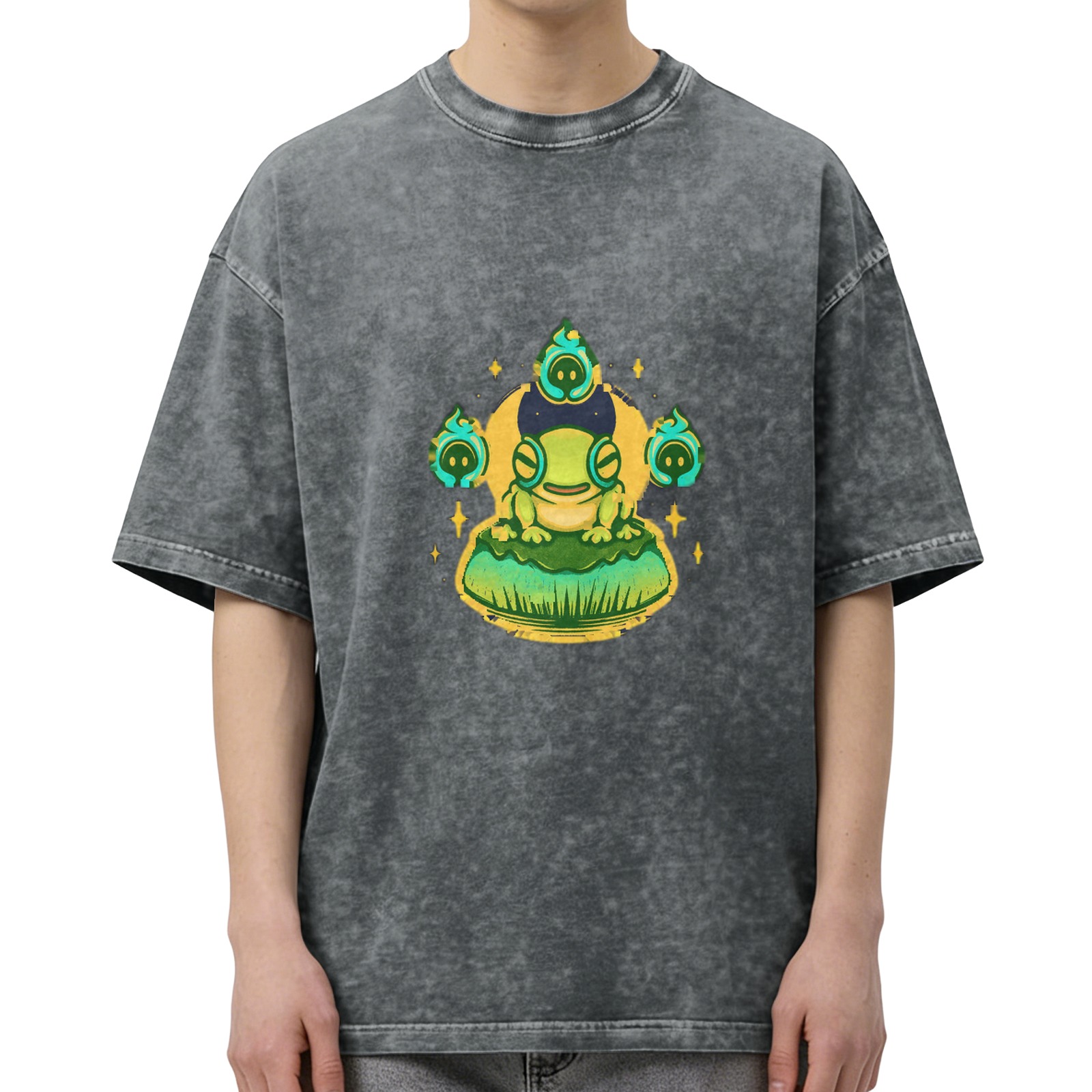 Oversized Acid Wash T-Shirt with Cute Frog and Ghost Flames Graphic