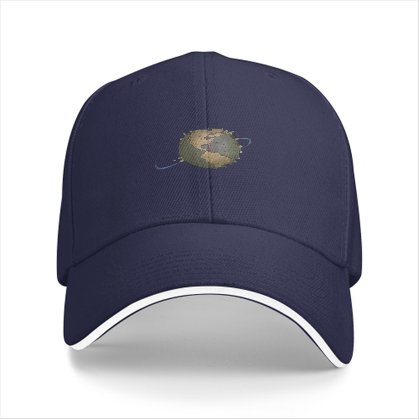 Black baseball cap with stylized Earth graphic print