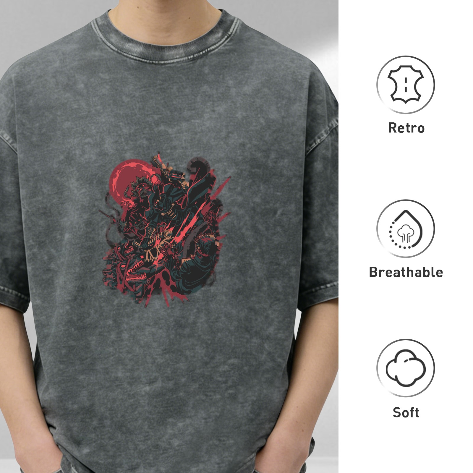 Oversized Acid Wash Graphic T-Shirt with Dark Fantasy Art Print