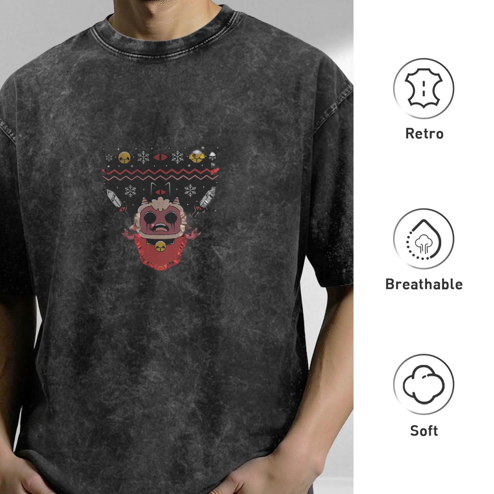 Washed Black T-Shirt With Festive Demon Graphic Print
