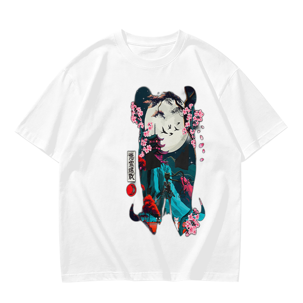Olive T-shirt with Japanese-inspired moon and cherry blossom graphic