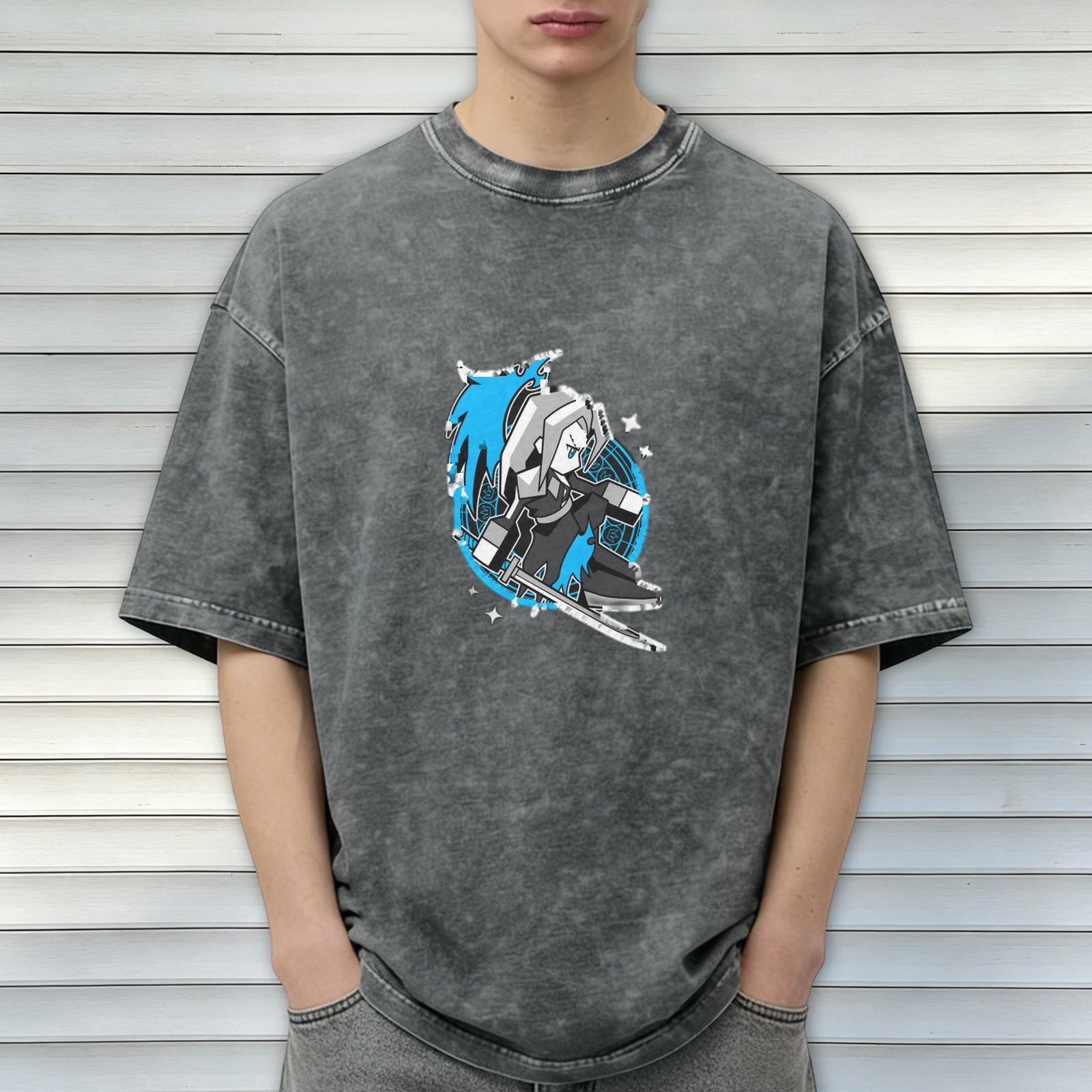 Oversized Dark Wash T-Shirt With Chibi Fantasy Villain Print