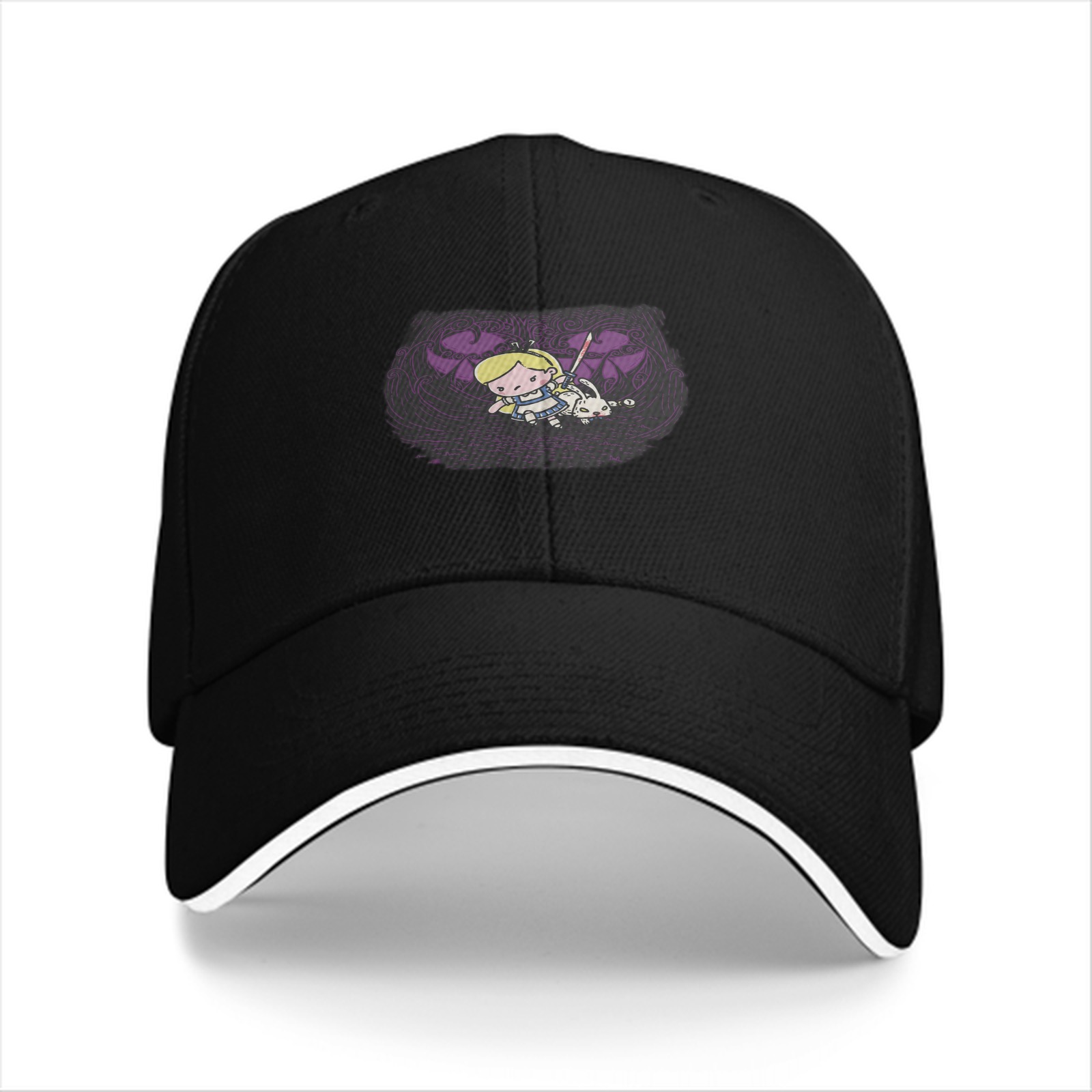 Black Baseball Cap With Chibi Alice In Wonderland Print