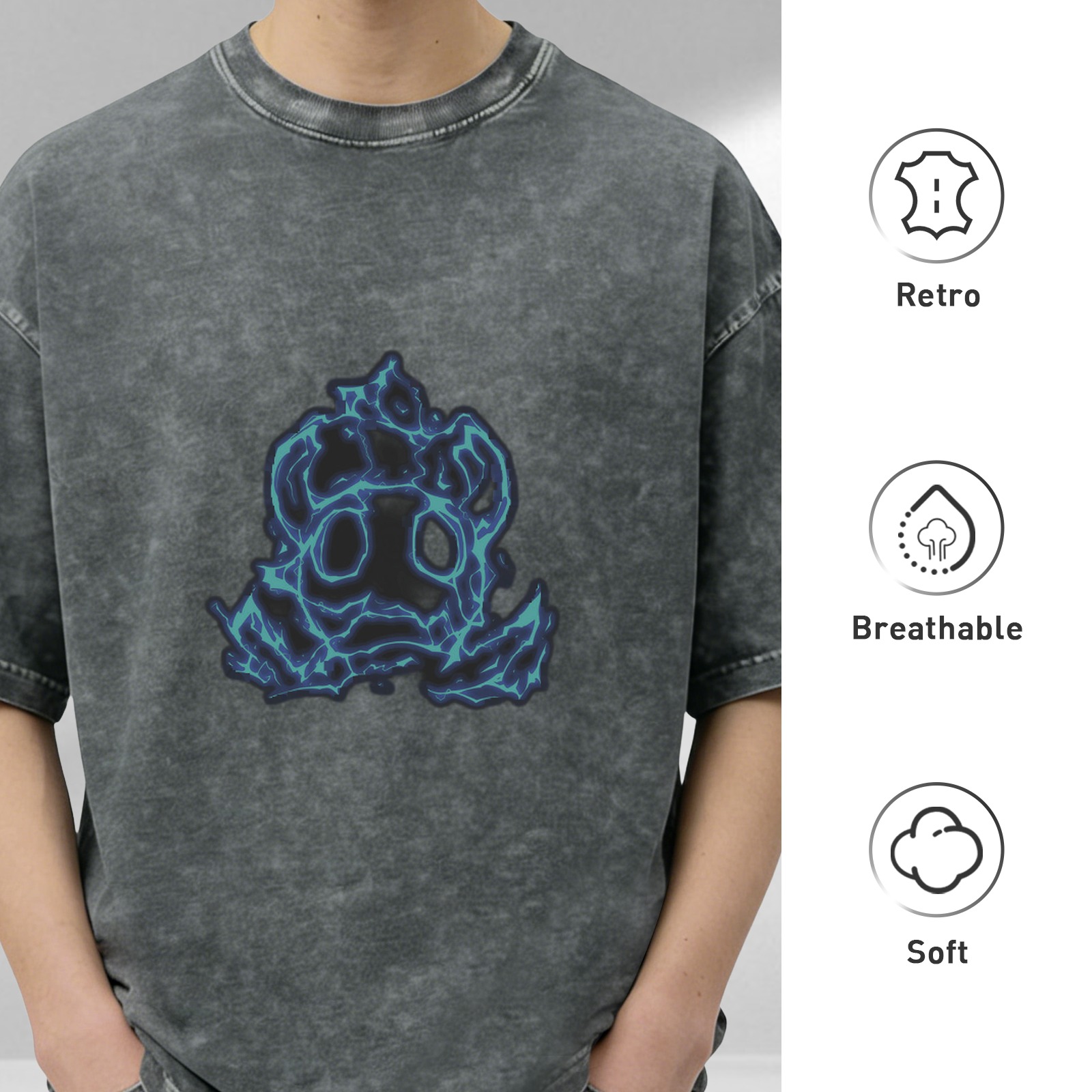 Washed Black T-Shirt With Glowing Blue Skull Graphic