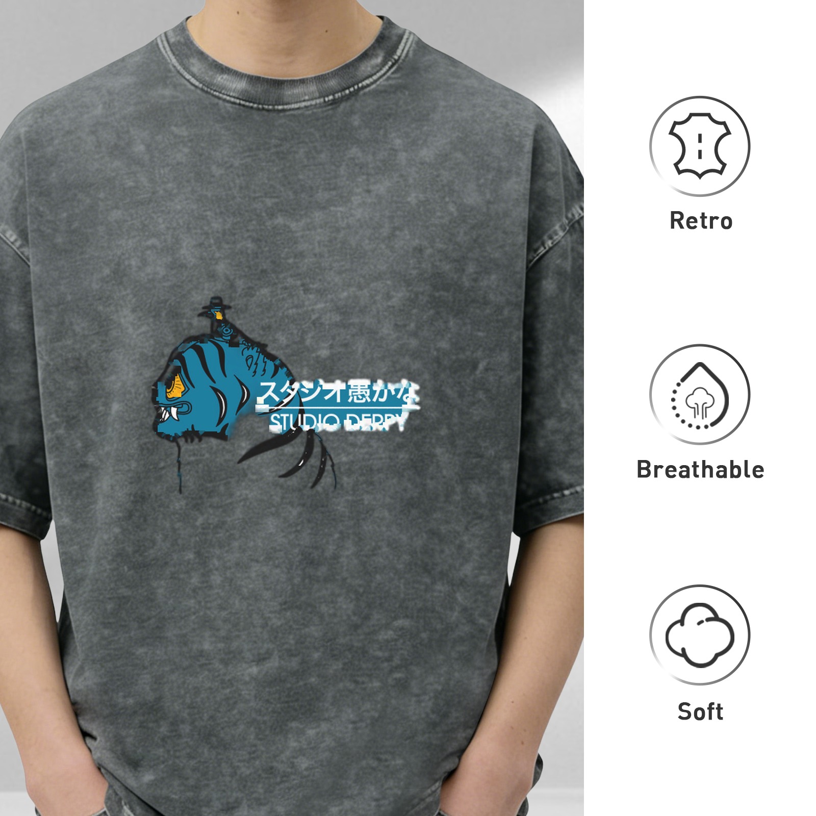 Washed distressed black loose short-sleeved T-shirt with blue tiger pattern and STUDIO DERPY Japanese and English logo