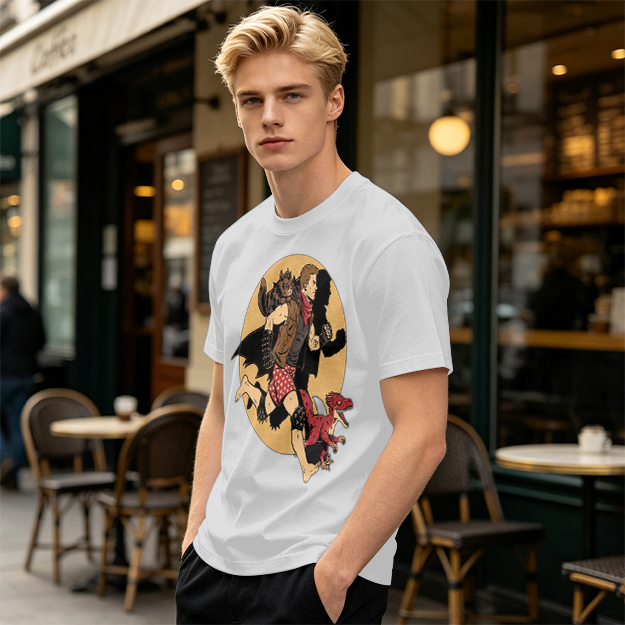 Olive T-Shirt With Fantasy Running Character And Creatures Print