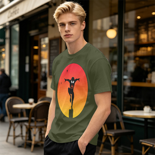 Olive T-Shirt with Spider-Man Silhouette Sunset Graphic