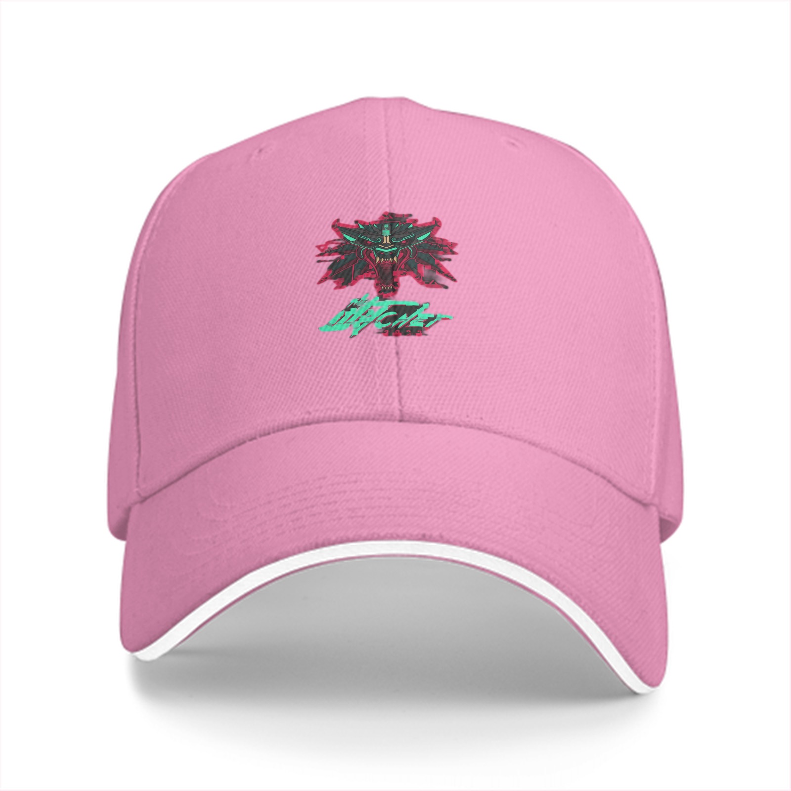 Black baseball cap with cyberpunk witcher wolf emblem graphic