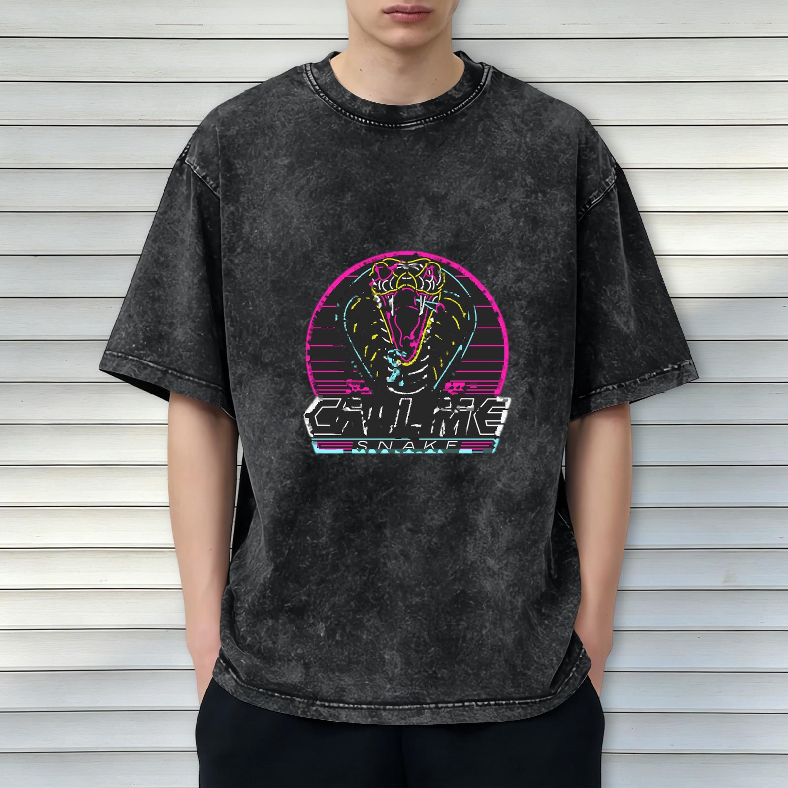 Oversized Acid Wash T-Shirt with Neon Cobra Call Me Snake Graphic