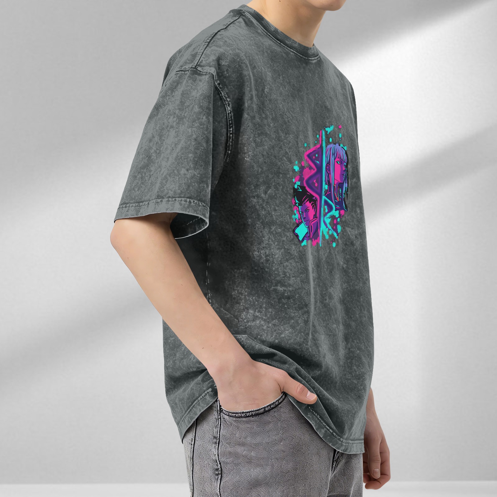 Cyberpunk Anime Character Graphic Acid Wash Black T-Shirt