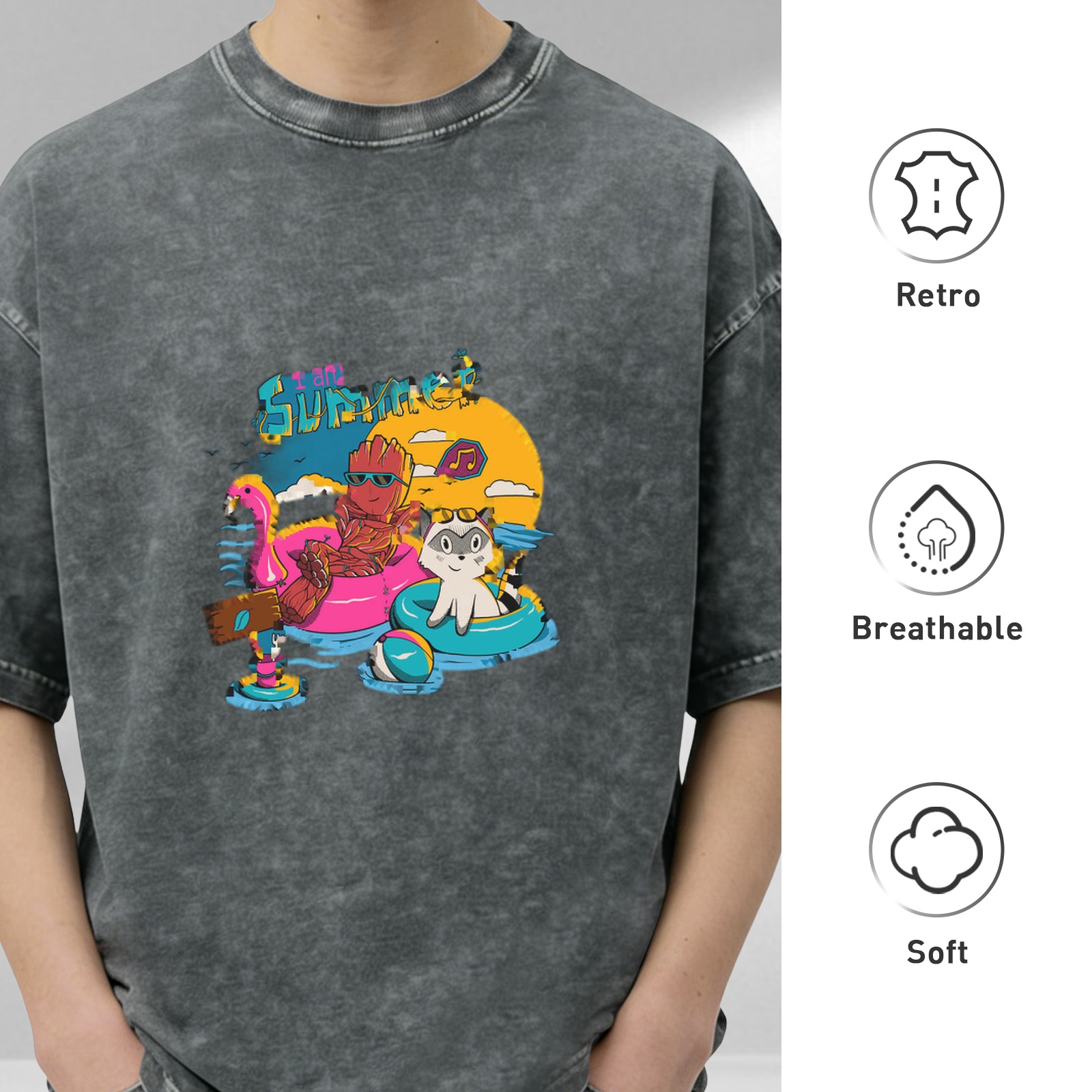 Washed Black Summer Pool Party Graphic T-Shirt with Cartoon Characters